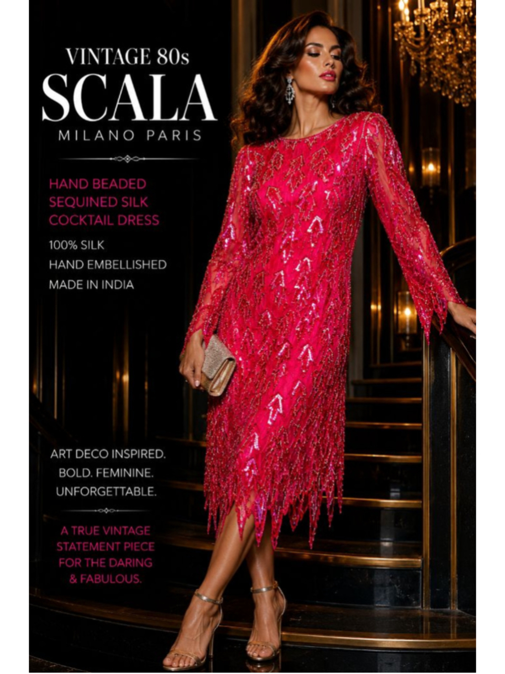 Vintage Scala Red Sequin Beaded Midi Dress Sheer Sleeve 80s Glam Party S/M